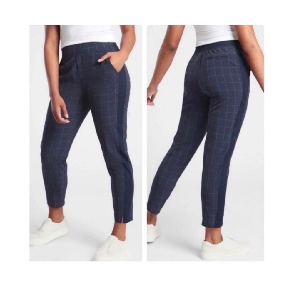 Athleta Brooklyn Textured Ankle Pant Womens 10 Navy Blue Windowpane Grid Plaid